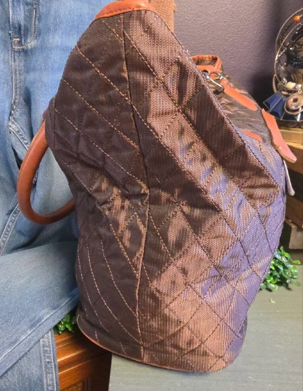 Quilted Shimmery Brown Tote with Tan Trim & Striped Interior